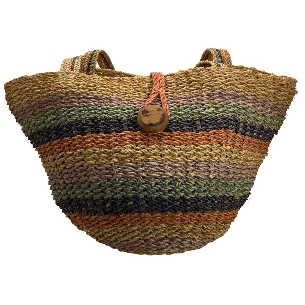 Woven Straw Tote Bag Market Beach Boho Multicolor Wooden Button Closure Handmade
